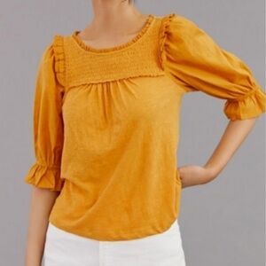 Anthropologie Smocked Mustard Yellow Short Puff Sleeves Shirt Medium C